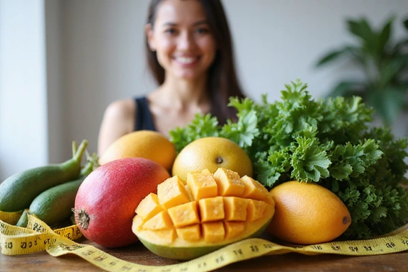 A vibrant image symbolizing holistic health and nutrition, with fresh produce, a measuring tape, and a smiling person in the background, set against a bright, clean Thai-inspired backdrop.