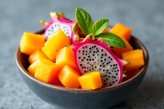 A colorful bowl of fresh Thai fruit salad with dragon fruit, mango, and papaya, symbolizing healthy eating habits.