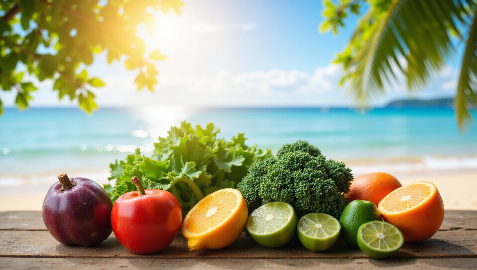 A serene image of healthy food ingredients laid out on a wooden table with a blurred background of a sunny Thai beach, symbolizing a healthy and balanced life.