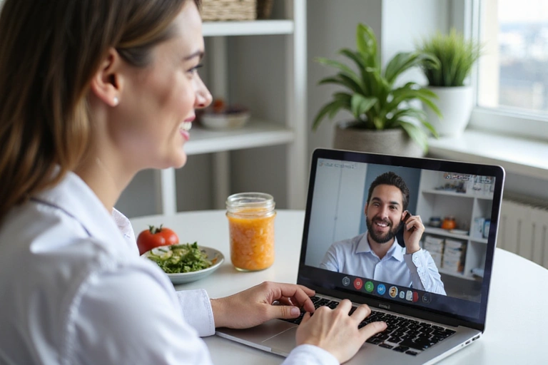 A nutritionist explaining the process to a client via video call on a laptop